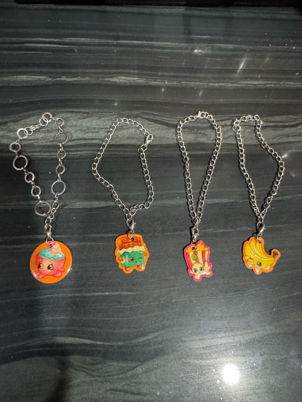 Shopkins Silver Chain Charm Necklaces with Orange, Pink, Yellow, Green Bracelets
